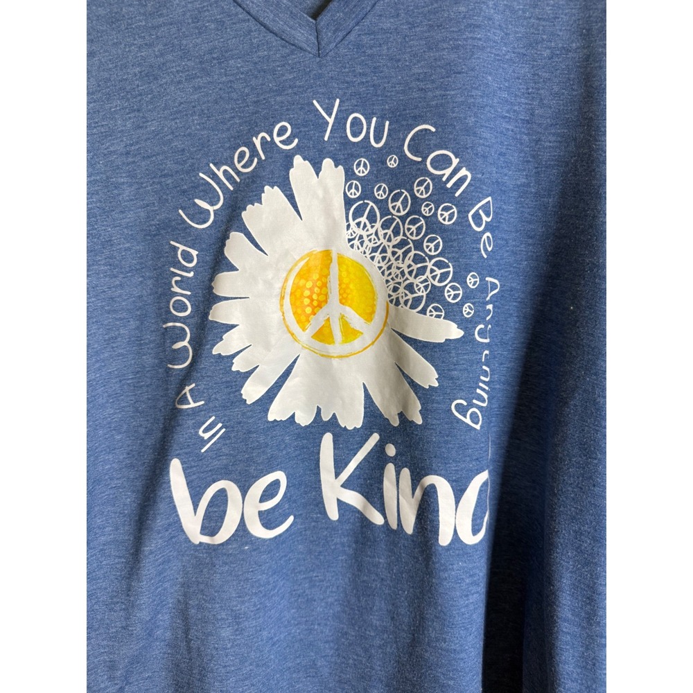 Womens XL T-Shirt Blue Be Kind Daisy Peace Sign Graphic V Neck Festival Boho
